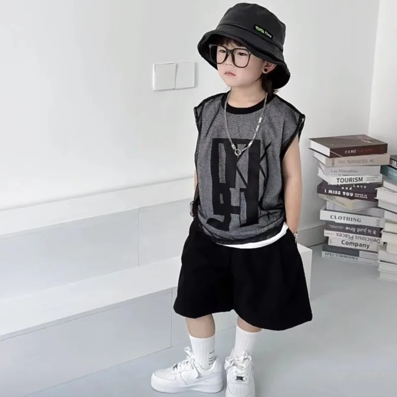 

Boys Sleeveless Vest Set New Summer Children's Tide Cool Fake Two Pieces Short Sleeves + Loose Sports Shorts Tide 2025