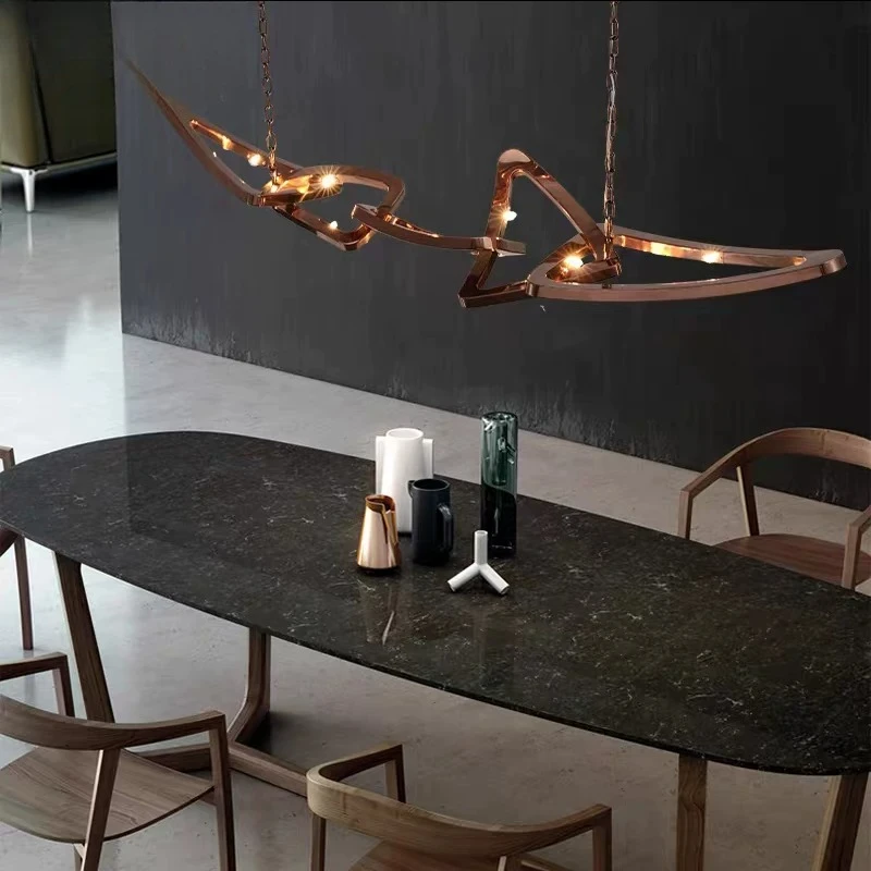 Luxury Interlocking Wave Chandelier Modern Rose Gold Metal Linear Pendant Light Creative Chain Design Hanging Lamp for Kitchen