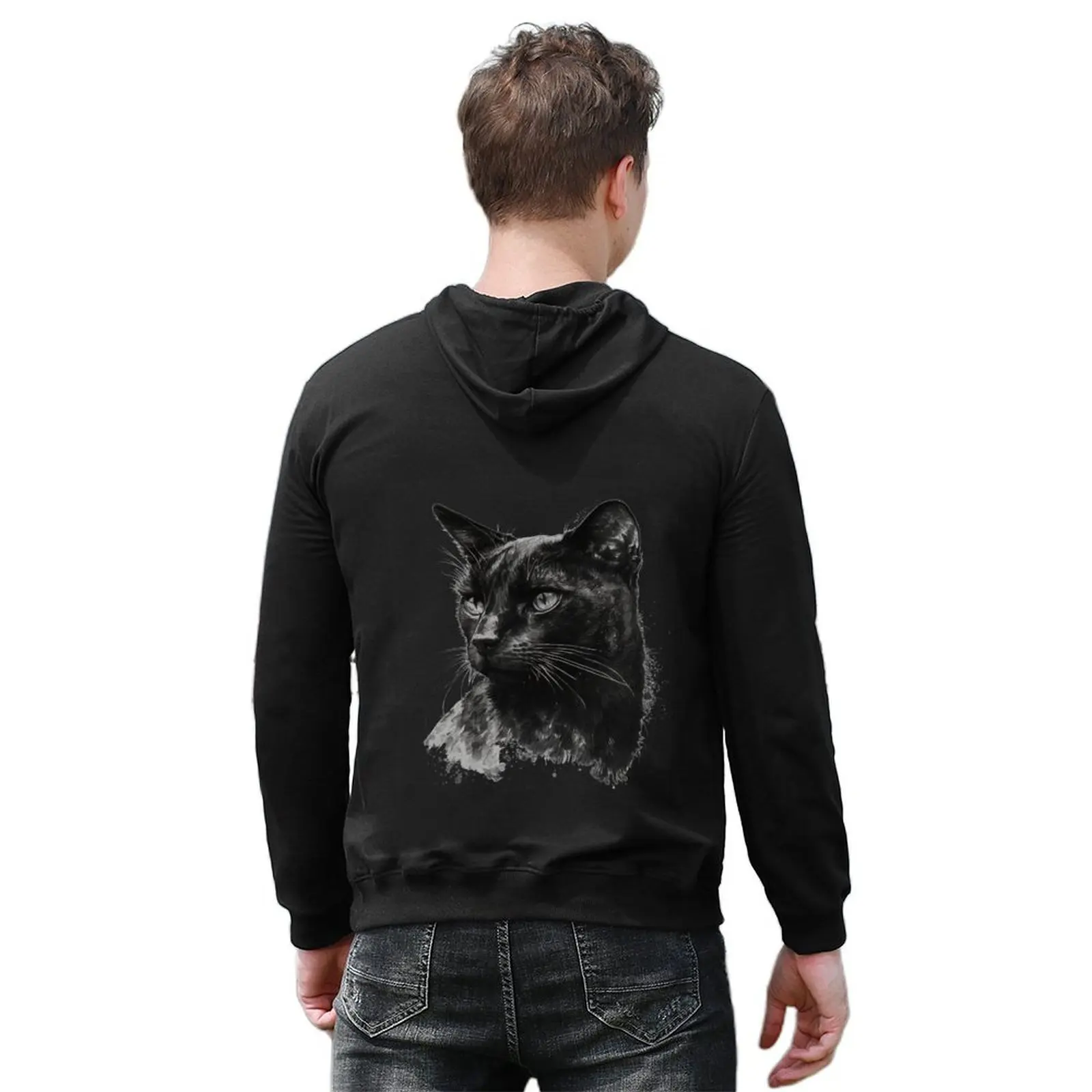 Ink Cat: تصميم القطة الخلفية هوديي ملابس رجالية أزياء الرجال ملابس الخريف معطف رجالي رياضي