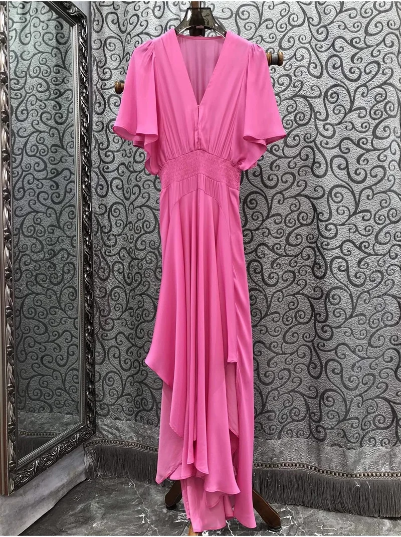 

New 2024 Summer Long Dress High Quality Women V-Neck Elastic Waist Short Sleeve Sexy Asymmetrical Style Long Pink Maxi Dress