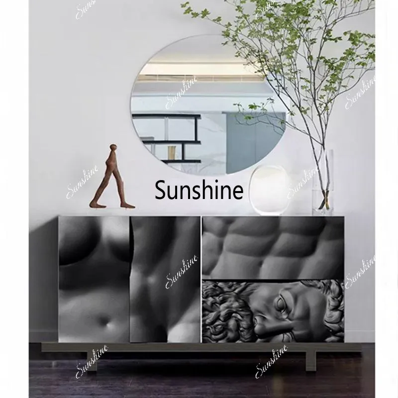 Italian entryway cabinets with artistic decor, postmodern light luxury, showcasing Nordic luxury