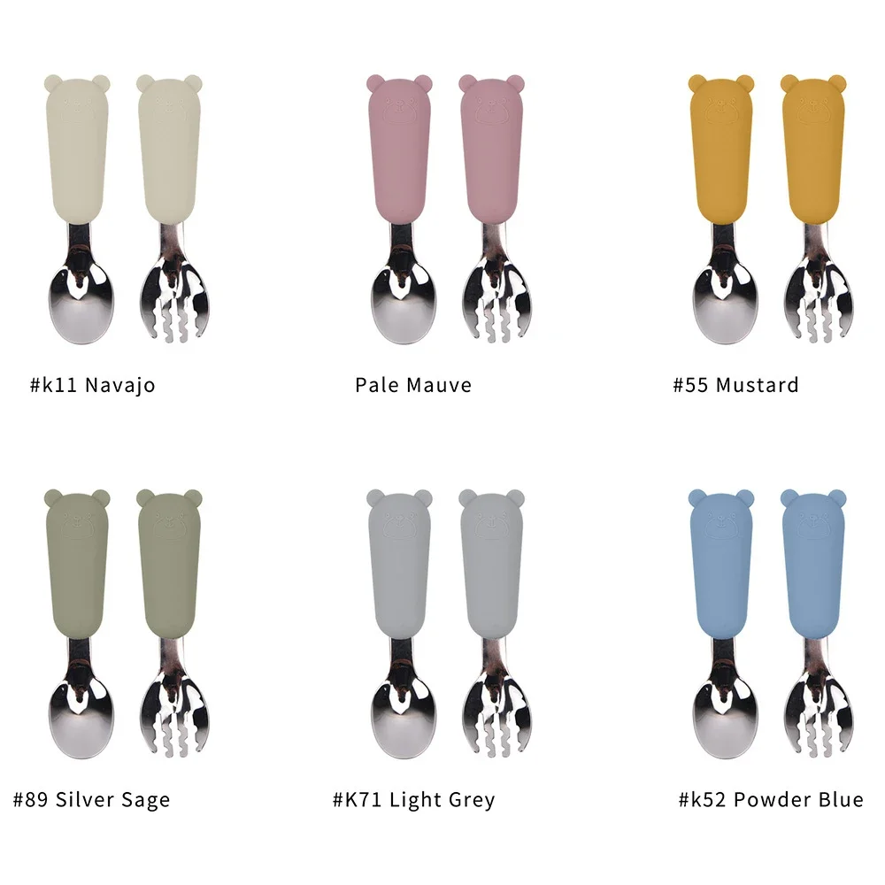 Roestvrijstalen bestek Vork Lepel Set Cartoon Siliconen Antislip Babyvoeding Voeden Servies Multifunctioneel Duurzaam Sztućce Set