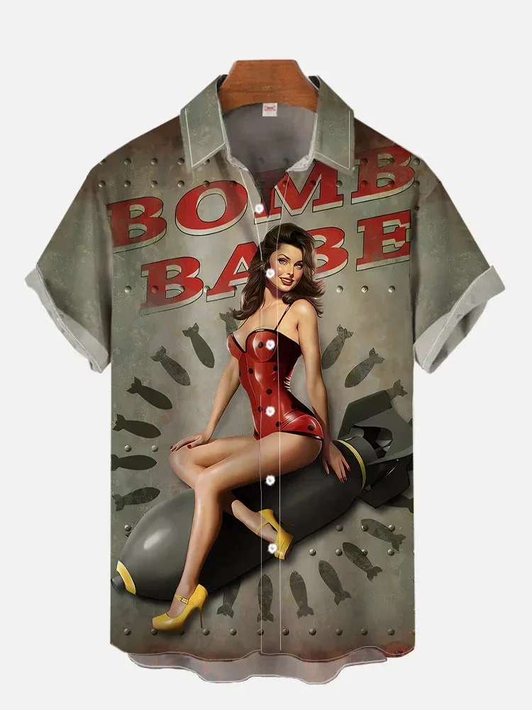 Chemise hawaienne homme tissu fluide leger col revers impression pin up bombe retro coupe ample tenue plage vacances