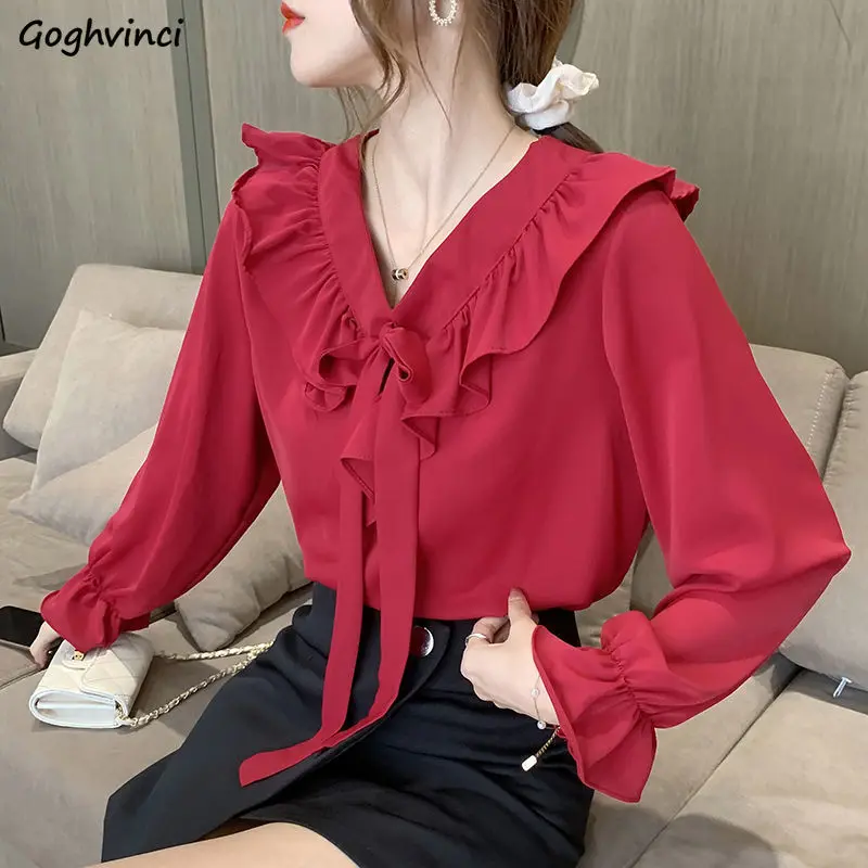 Women Shirts Chiffon Lace-up Bow Flare Sleeve Female Solid Popular New Korean Style Design Loose All-match V-neck Leisure Chic