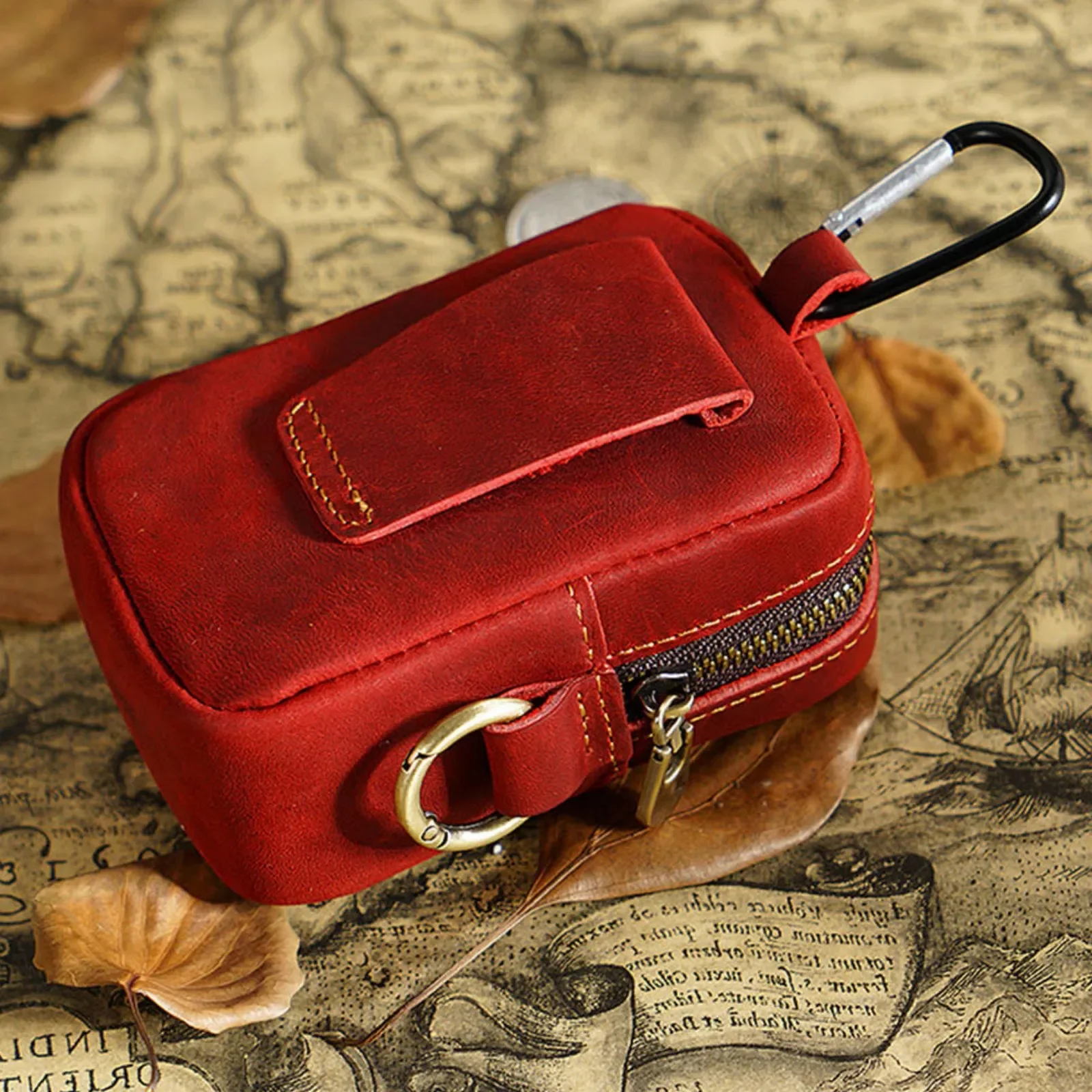 حقيبة صغيرة من الجلد الطبيعي مع محفظة للعملات المعدنية بحامل مفاتيح بسحاب |   حقيبة خصر بحزام للمفاتيح وسماعات الأذن ومحفظة صغيرة عتيقة للعملات المعدنية