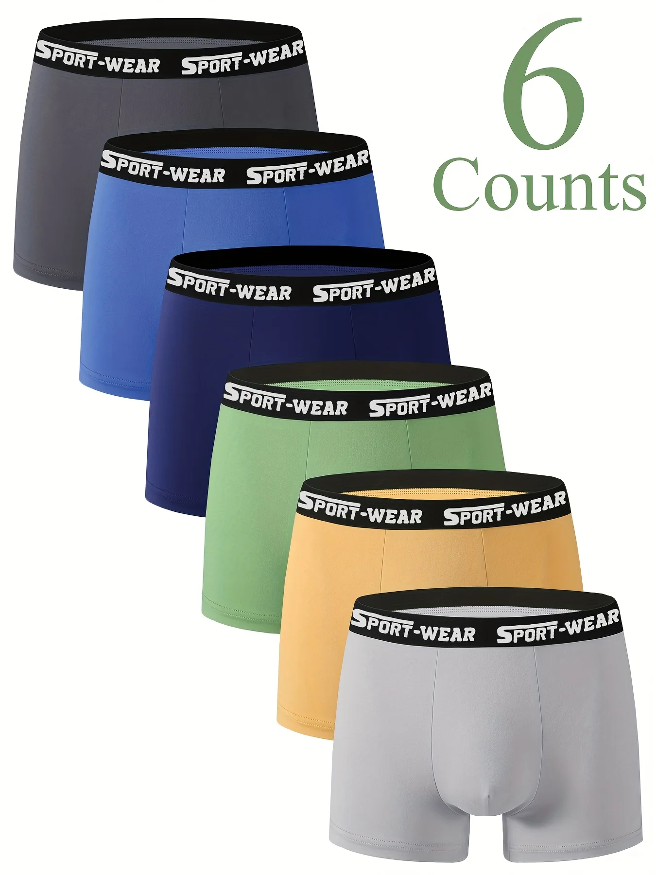 

6-Pack Men's Milk Silk Boxers - “SPORT-WEAR” Waistband, 6 Colors, Soft Milk Silk Fabric