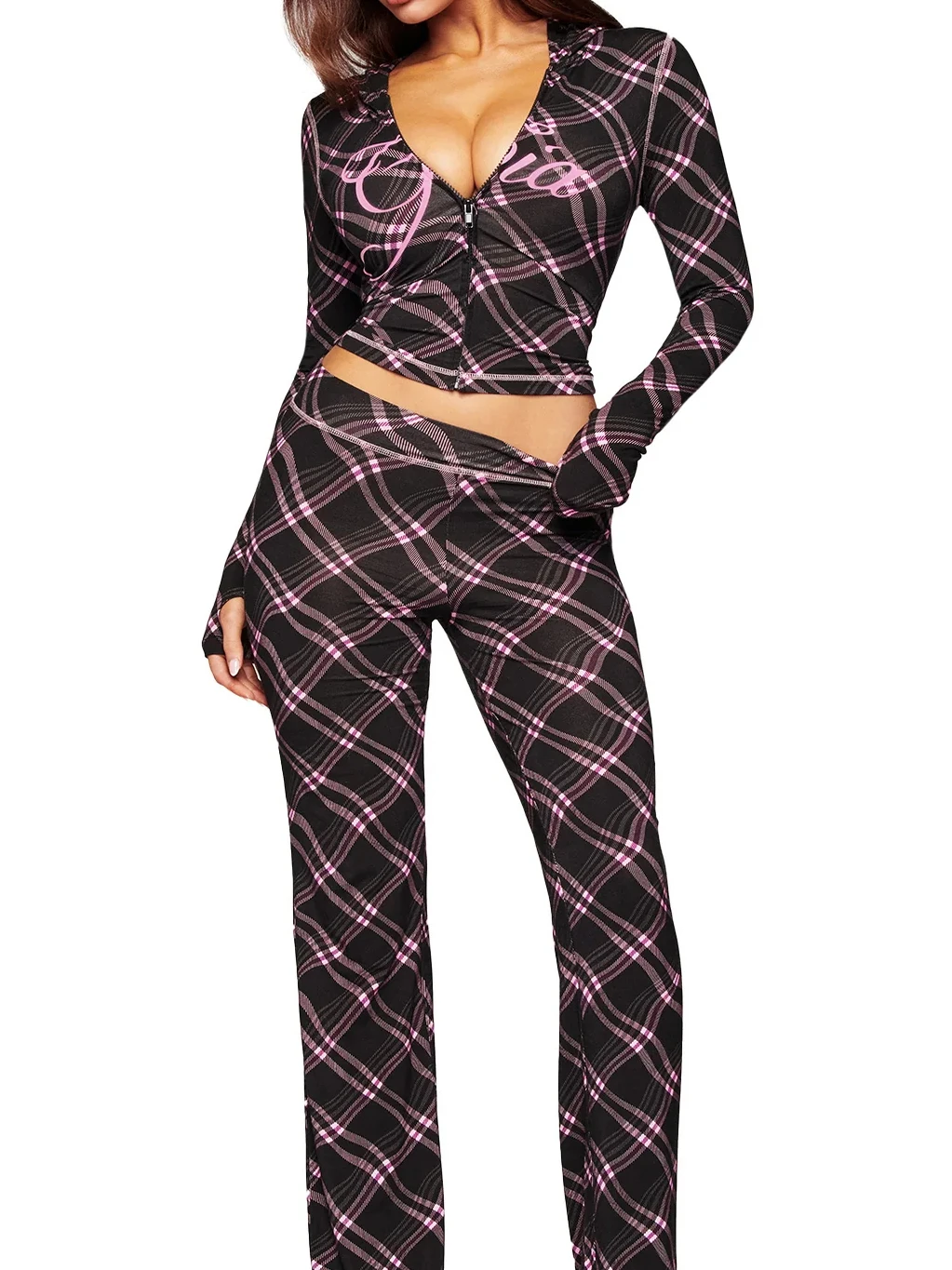 

Женский модный комплект Iia, куртка с капюшоном на молнии и длинные брюки, облегающий дизайн с буквенным принтом, повседневная зимняя одежда