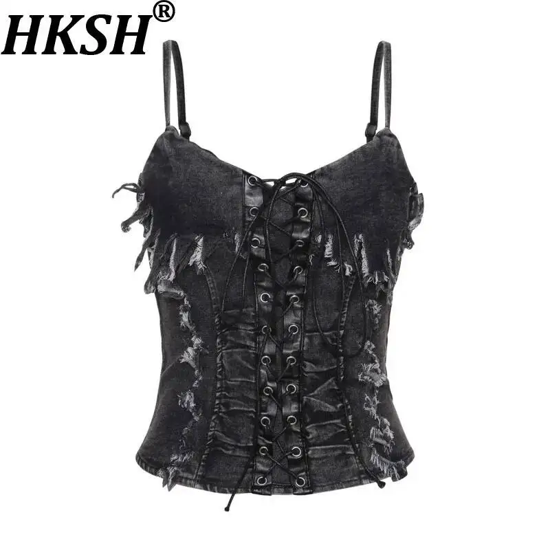 

HKSH Women Sexy Vest Distressed Washed Denim Patchwork PU Leather Bandage Waist Cinching Slim Fit Camisole Chic Tank Top HK22752