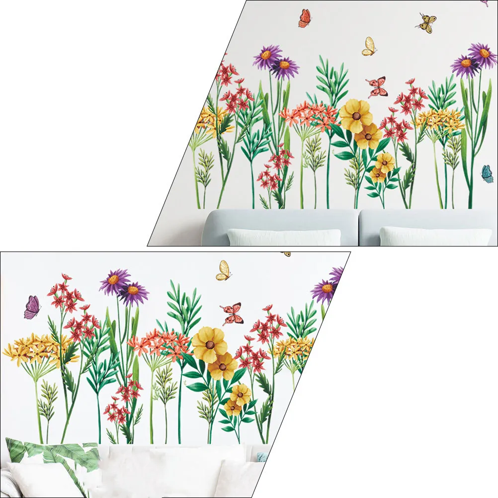 2PCS Self Adhesive Wall Decals PVC Green Plants Flowers Butterflies Pattern Room Decor Art Home Scene Layout