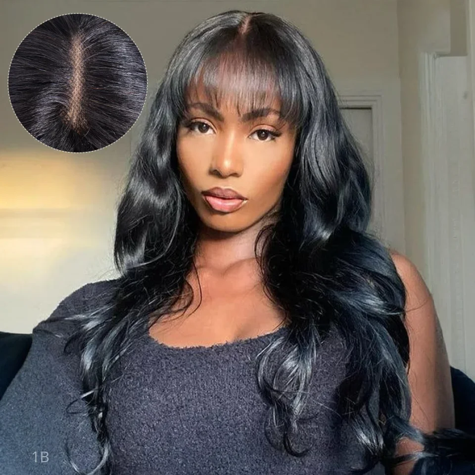 Brazilian Body Wave Human Hair Lace Wig With Bangs For Women Natural Remy Fringe 22 Inches Realistic Scalp Human Hair Wigs