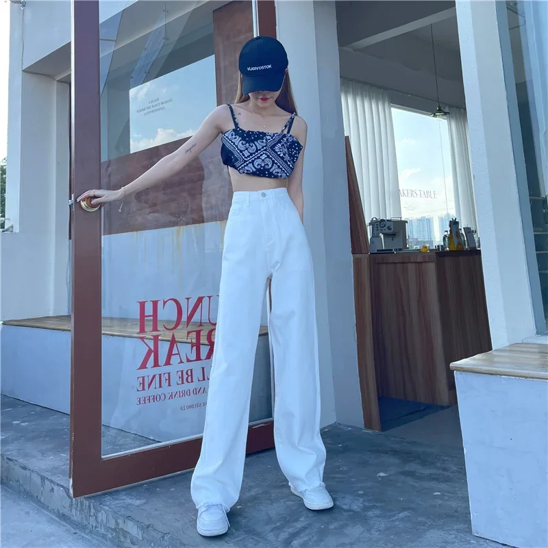 

Jeans Women Straight High Waisted Leisure Vintage All-match Denim Solid White Pantalones Vaqueros Mujer Ulzzang Female Bottom