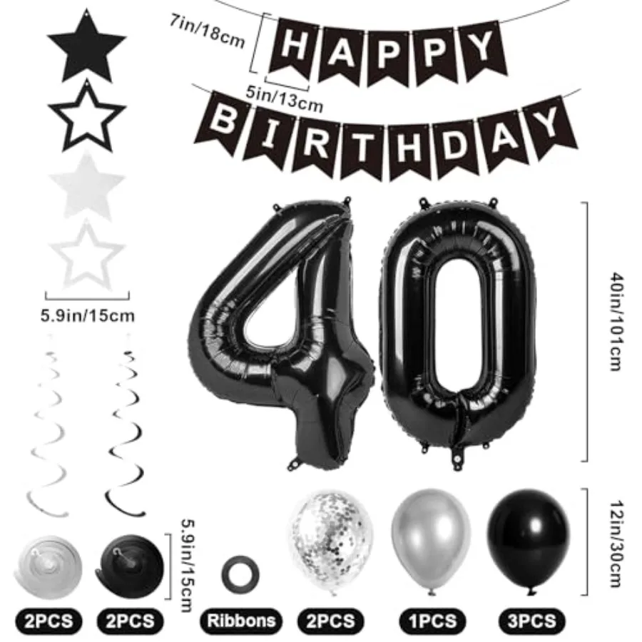 40th زينة عيد الميلاد للرجال النساء أسود فضي 40th عيد ميلاد راية بالونات الدوامات لوازم الحفلات 40 سنة عيد ميلاد P