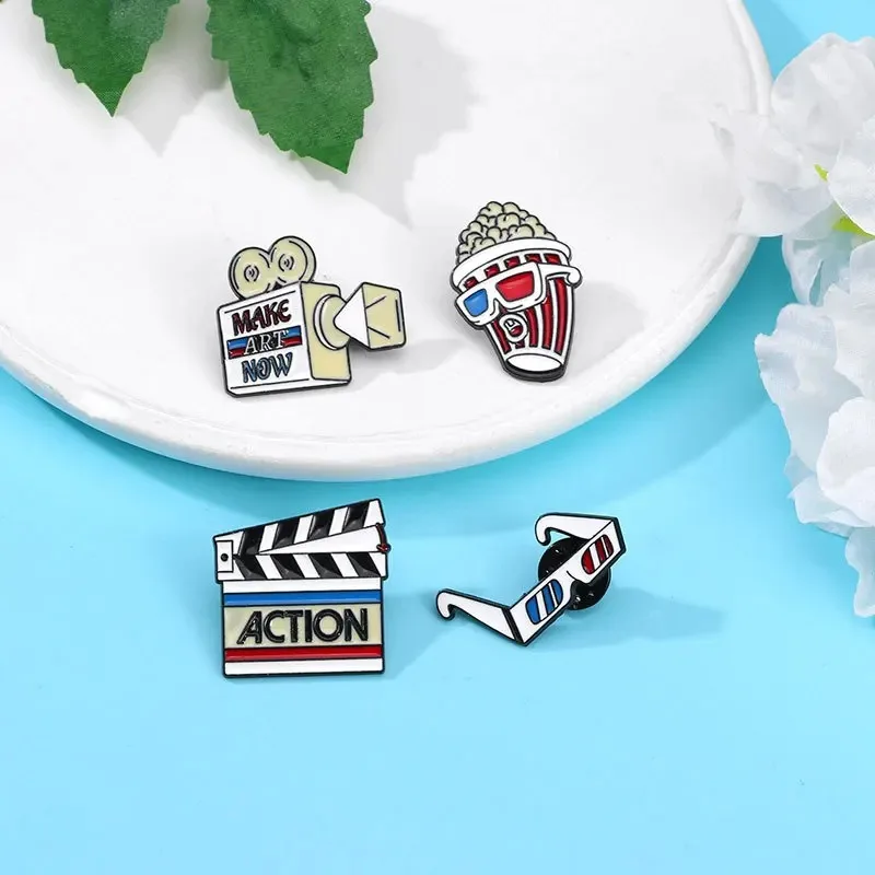 Cartoon Cinema Element Enamel Brooch Popcorn Projector 3D Glasses Clap Board Backpack Clothing Accessories Lapel Pin Badge