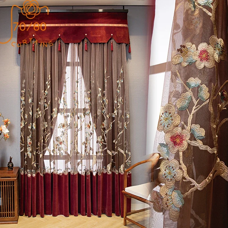 Chinese Style High-end Wine Red Embroidered Window Screen Velvet Splicing Curtains for Living Room Bedroom and Study Customized