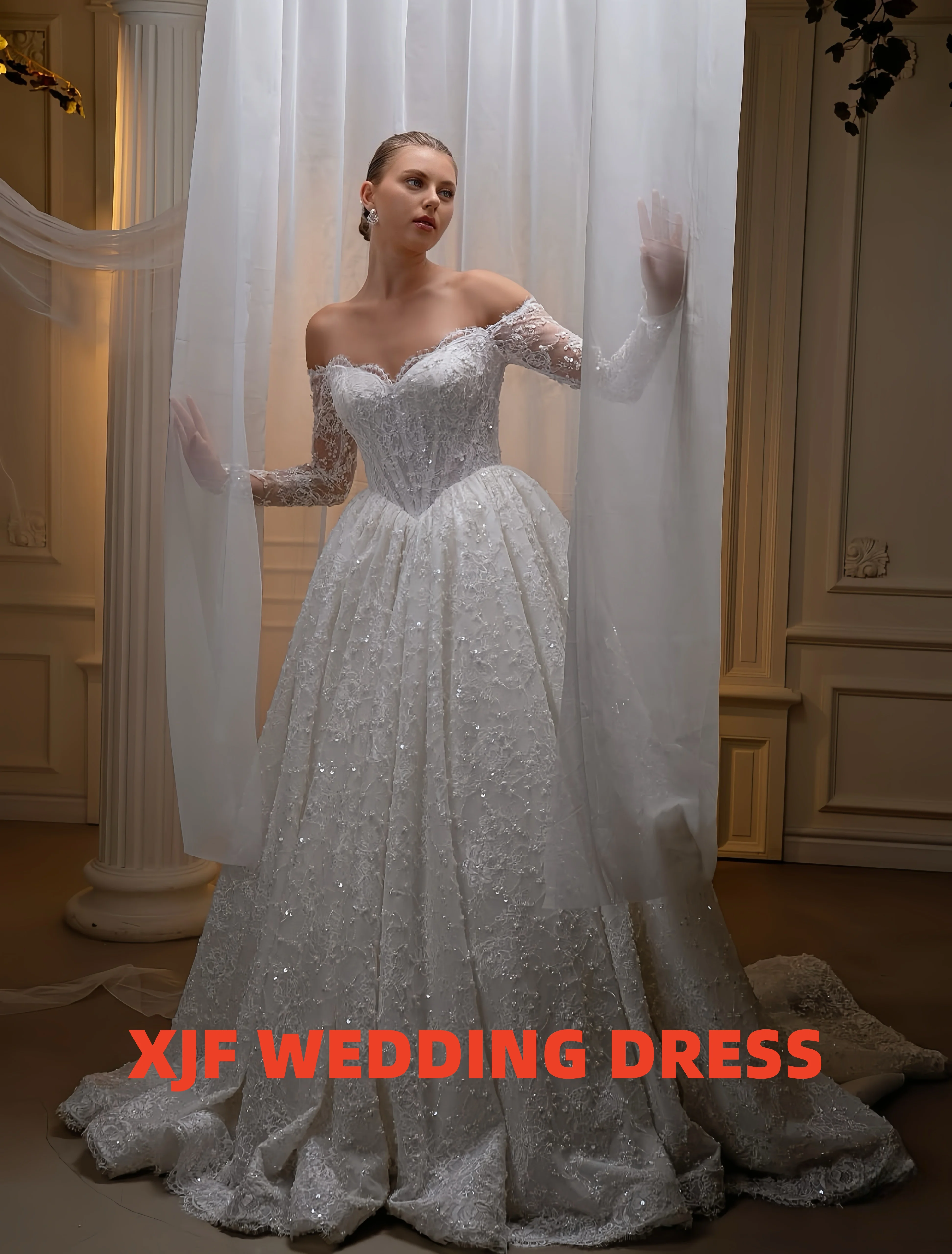 Dulce cuello manga larga A-LINE elegante personalizado amanda novias vestidos de novia amanda novias vestido de novia