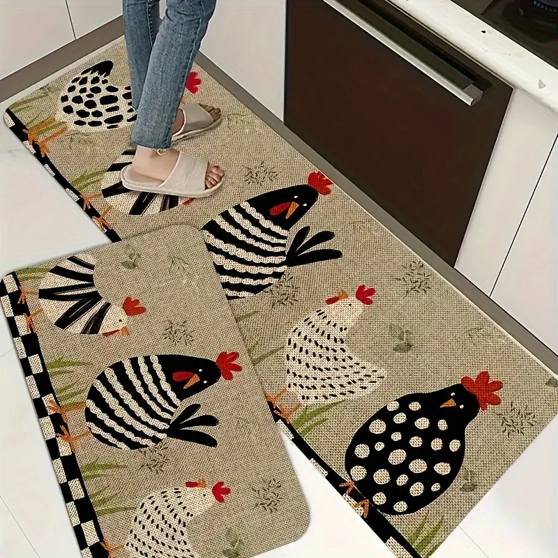 1pc cartoon chicken kitchen carpet, non-slip machine washable flannel floor mat, suitable for hallway door kitchen