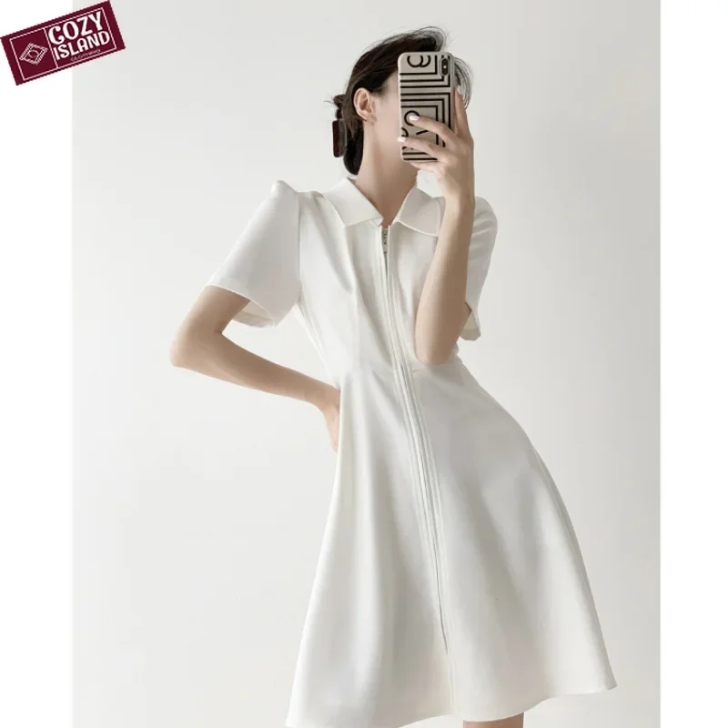 

French White Hepburn Style Shirts Dress Summer Zipper Woman Short Sleeves Slim Tea Break Dresses Fashion Female High Waist Lapel