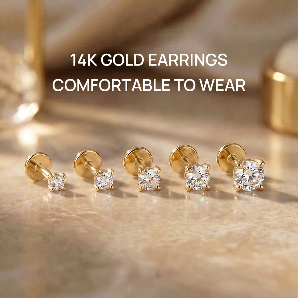 

AIDE 14K Solid Gold Mini Four Claws Piercing Earrings For Women Classic Geometric Multi-size Flat Back Exquisite Accessories