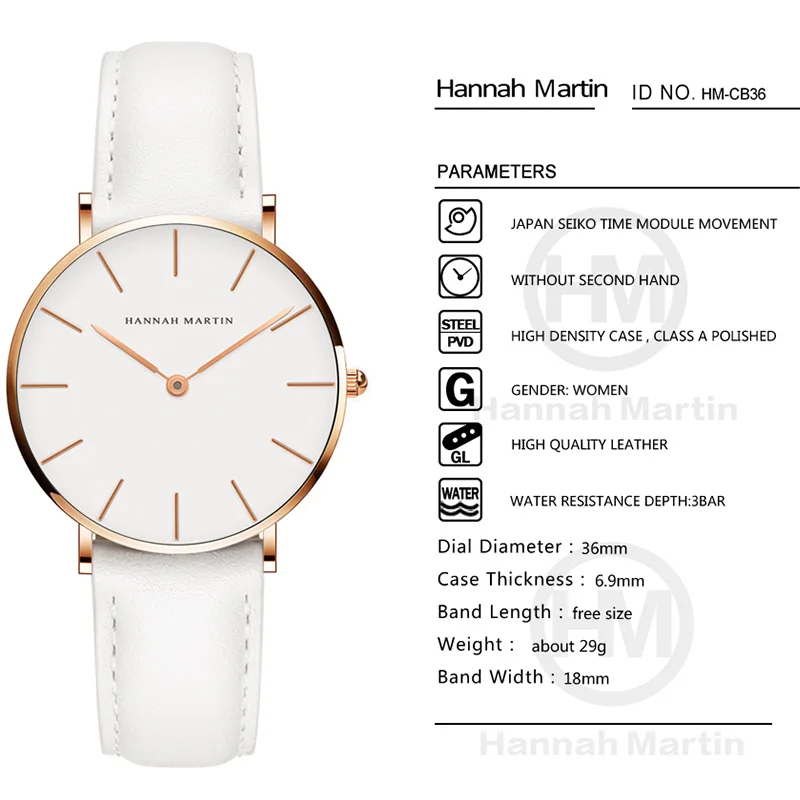 Hannah Martin Brand Japan Quartz Movement Women Fashion Watch Leather Strap Lady Wristwatches Waterproof Clock relogio feminino