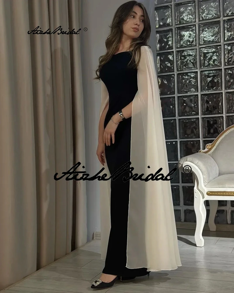 Czarny Vestid Długie rękawy Kobiety Impreza Kontrastowy kolor Gość weselny Suknie wieczorowe Arabia Saudyjska Sukienka na studniówkę