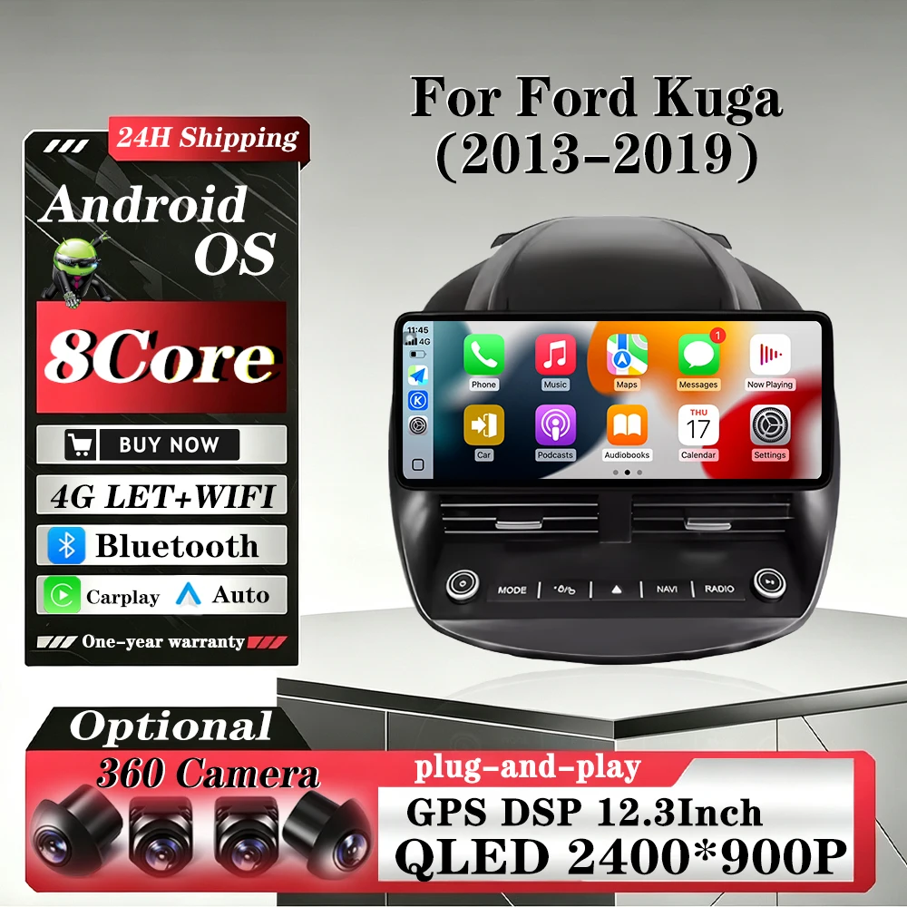 2400*900P QLED Touch Screen For Ford Kuga 2013-2019 12.3 Inch Car Multimedia Player GPS Navigation Auto radio Tools Fan 4G WIFI