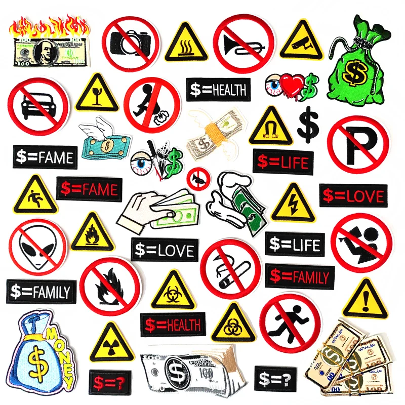 Warning Prohibit Sign Patches Embroidery For T-Shirt Iron On Appliques Clothes Jeans Stickers Badges Money