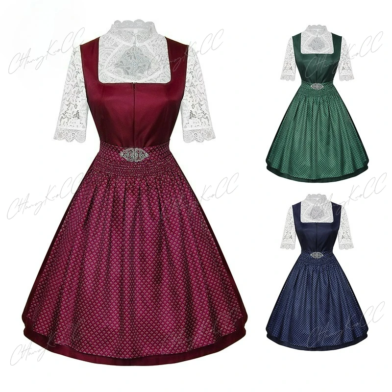 

Lace-Up Oktoberfest Dress With Apron Festival Traditional Bavarian Beer Costumes German Dirndl Party Halloween Dresses