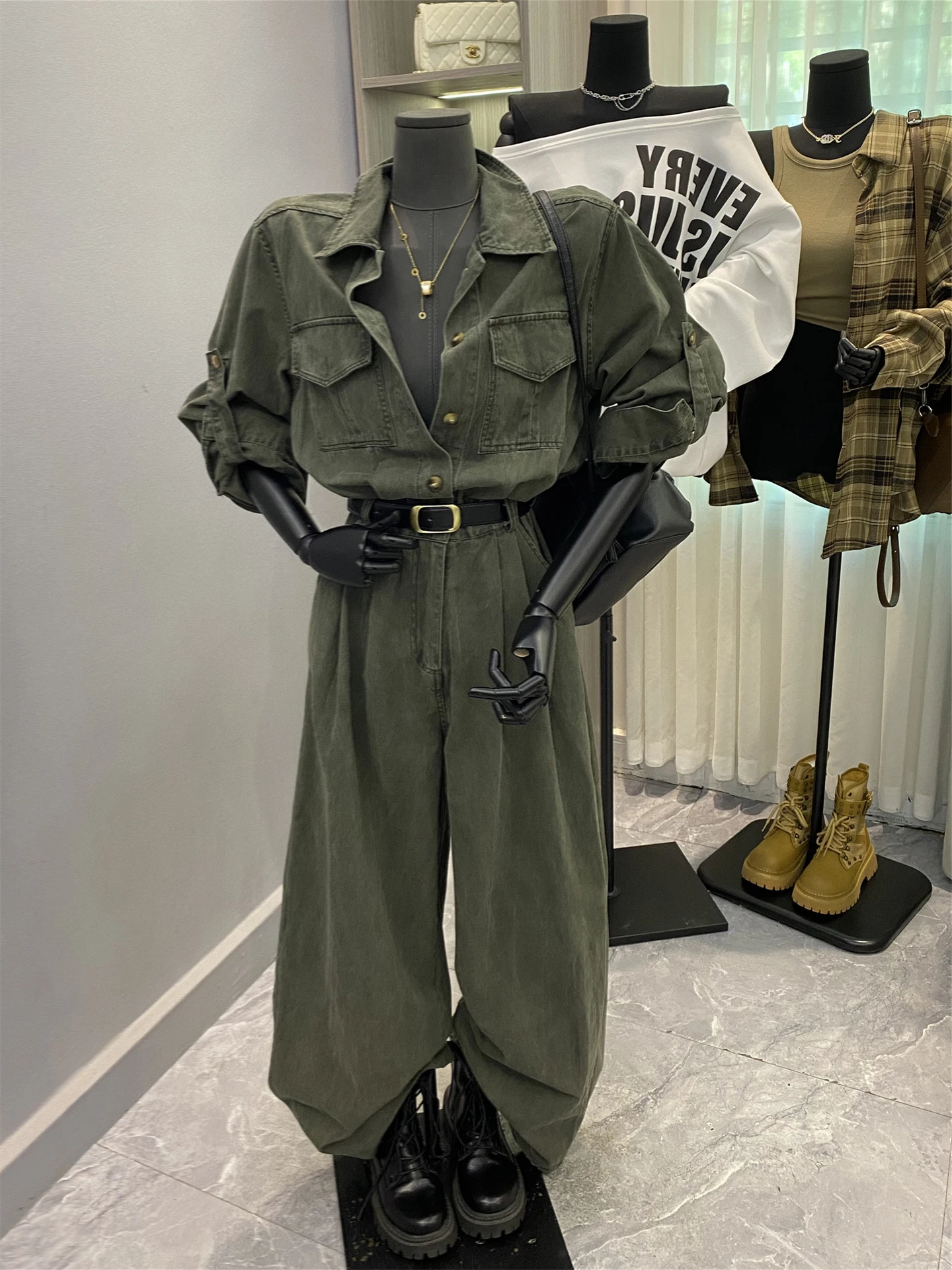 

Джинсовые комбинезоны в стиле ретро, Гонконг, женские широкие длинные брюки с высокой талией, осень-зима, новая крутая рабочая одежда в стиле милитари