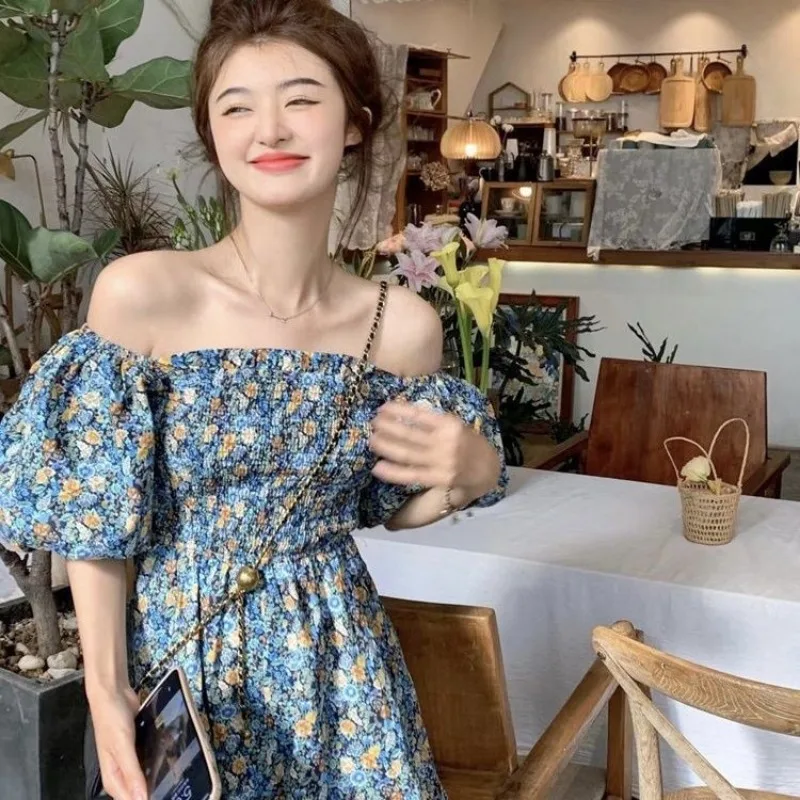 Sweet and Spicy Pure Desire Wind Waist Cinching Jumpsuit Women's Summer French Off Shoulder Floral Dress Female Clothing