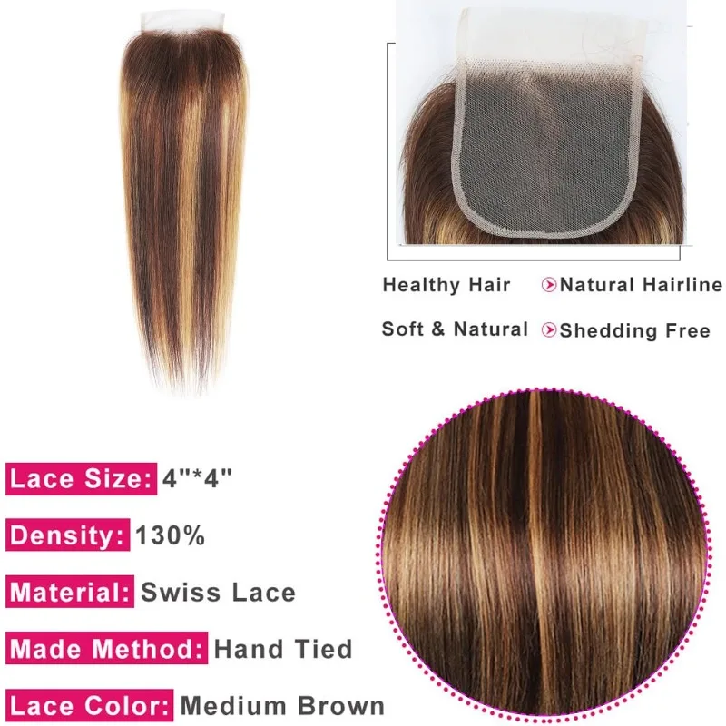 Cabelo humano premium 4x4 fechamento de renda destaca cor marrom chocolate para loiro caramelo cabelo remy com linha fina natural parte livre