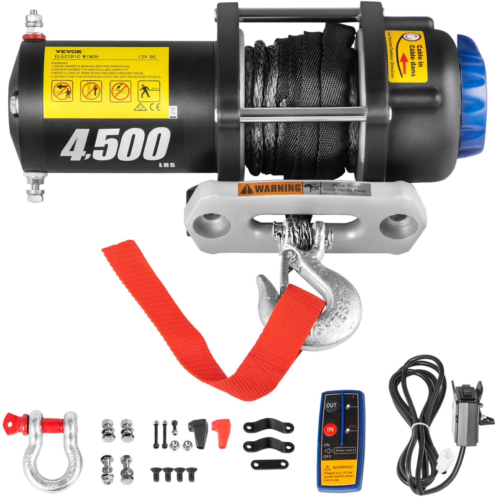 VEVOR Elektrische Seilwinde 12 V Winde 2041 kg Tragfähigkeit 2 KW Motor mit 13 m Synthetikseil & 2