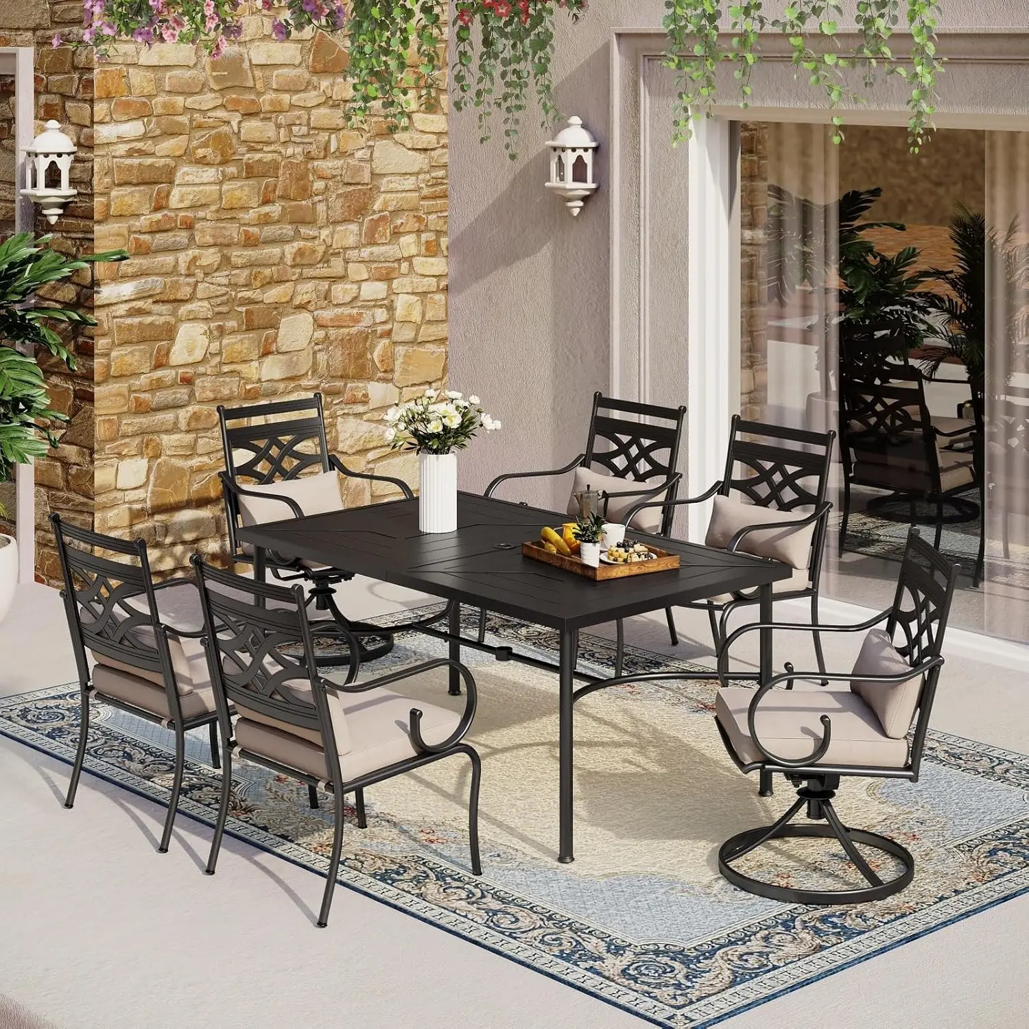 

7 Pieces Outdoor Patio Dining Set for 6 with 1 Steel Frame Slat Larger Rectangular Fretwork Table and 4 Chairs, 2 Swivel Chairs