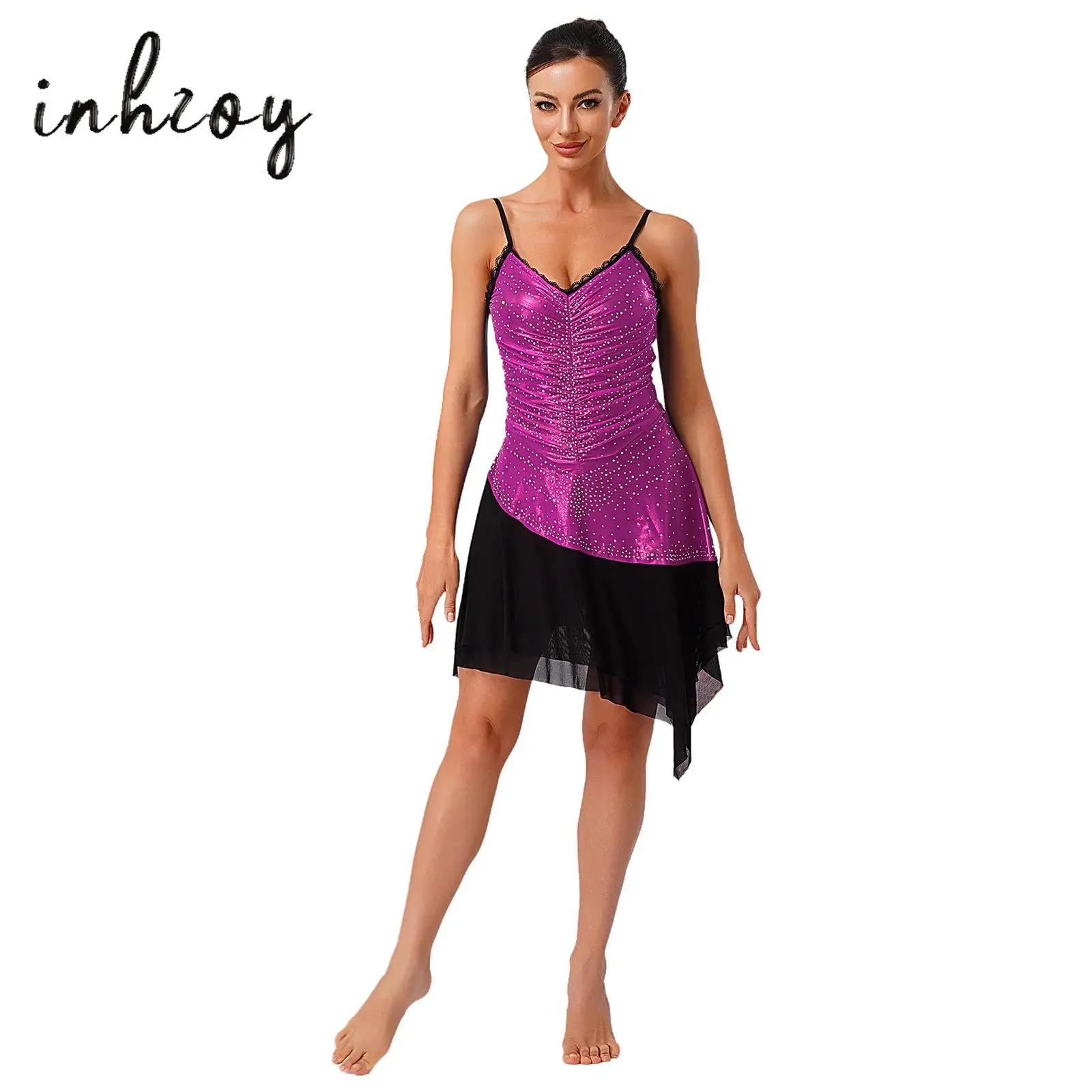 

Womens Latin Lyrical Dance Dress Ruched Metallic Shiny Mesh Rhinestones Tiered Hem Contrast Color Sling Dress for Figure Skating