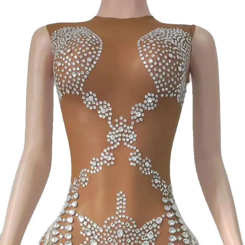 Full Diamond prospettiva Mesh Slim Fitting Sexy gonna corta Nightclub DJ Bar cantante femminile Stage Costume Party Theme Show