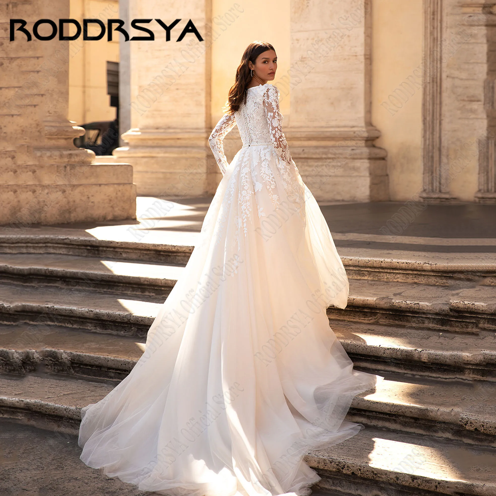 RODDRSYA Muslim Wedding Dresses 2024 Bride Long Sleeves Beading A-Line Lace Bride Gowns Applique Vestido De Novia Customized