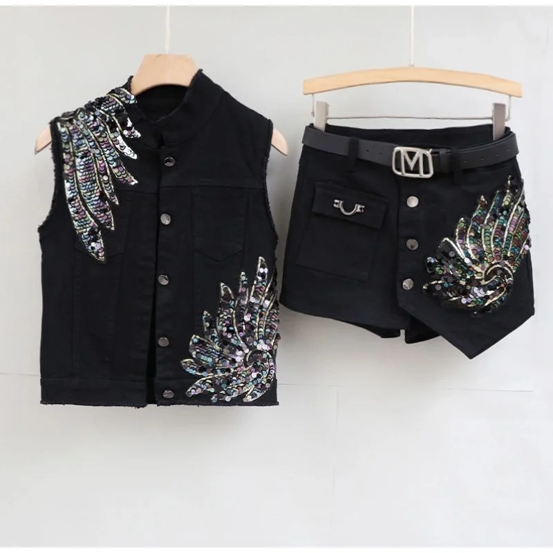 Women Summer Fashion Denim Set 2024 Female New Korean Sequin Phoenix Standing Collar Vest Short Skirt Pants Two-piece Set