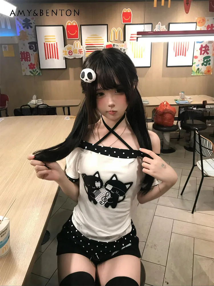 

Japanese Style Cute Cat Polka Dot Print Halter Neck Short Sleeve T-Shirt Summer White Retro Hot Girl Slim Off-Shoulder Top