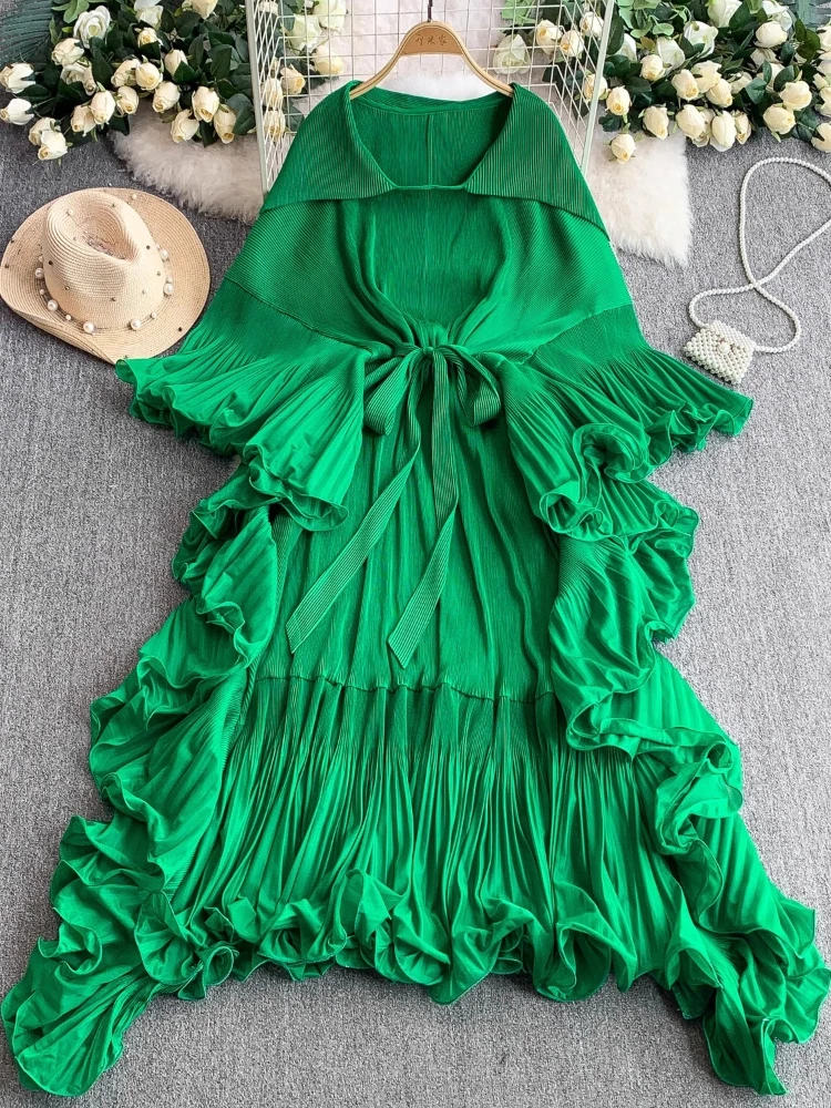 

Fashion Ruffled Patchwork Dress Women Design Lapel Pleated Long Skirts Flare Sleeves Loose Tied Waistband Irregular Dresses 2025