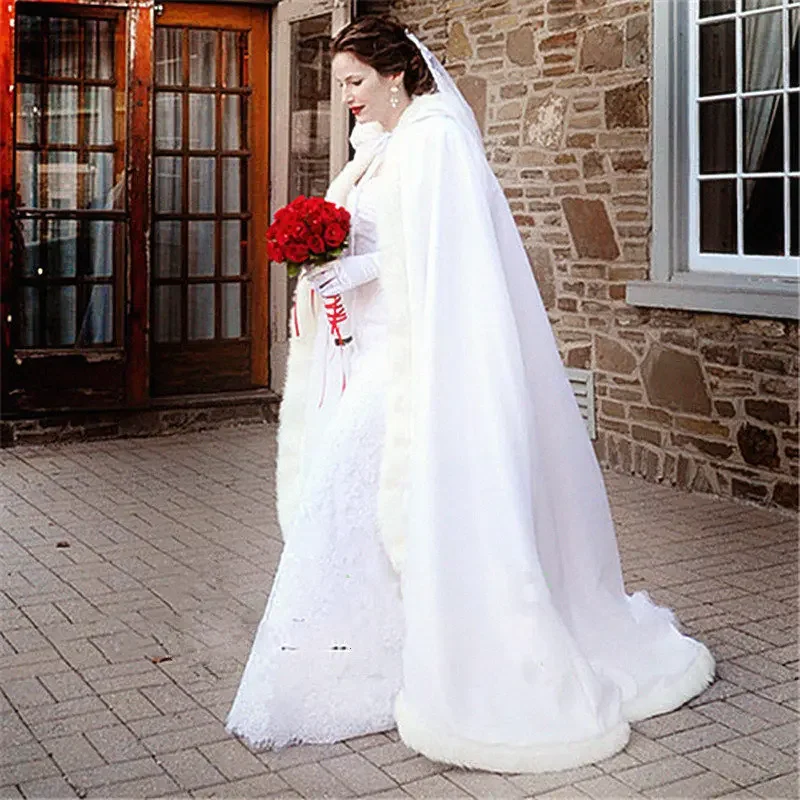 

White/Ivory Bridal Cape Wedding Cloaks Hooded with Faux Fur Trim Warm Adult Winter Bridal Wraps Satin Capes Poncho