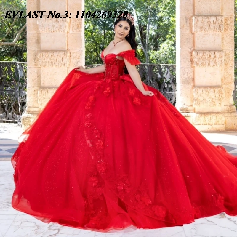 

EVLAST Красное платье принцессы Quinceanera по индивидуальному заказу, бальное платье с цветочной аппликацией, бусинами и бантом, корсет Sweet 16, Vestidos De 15 Anos E3Q690