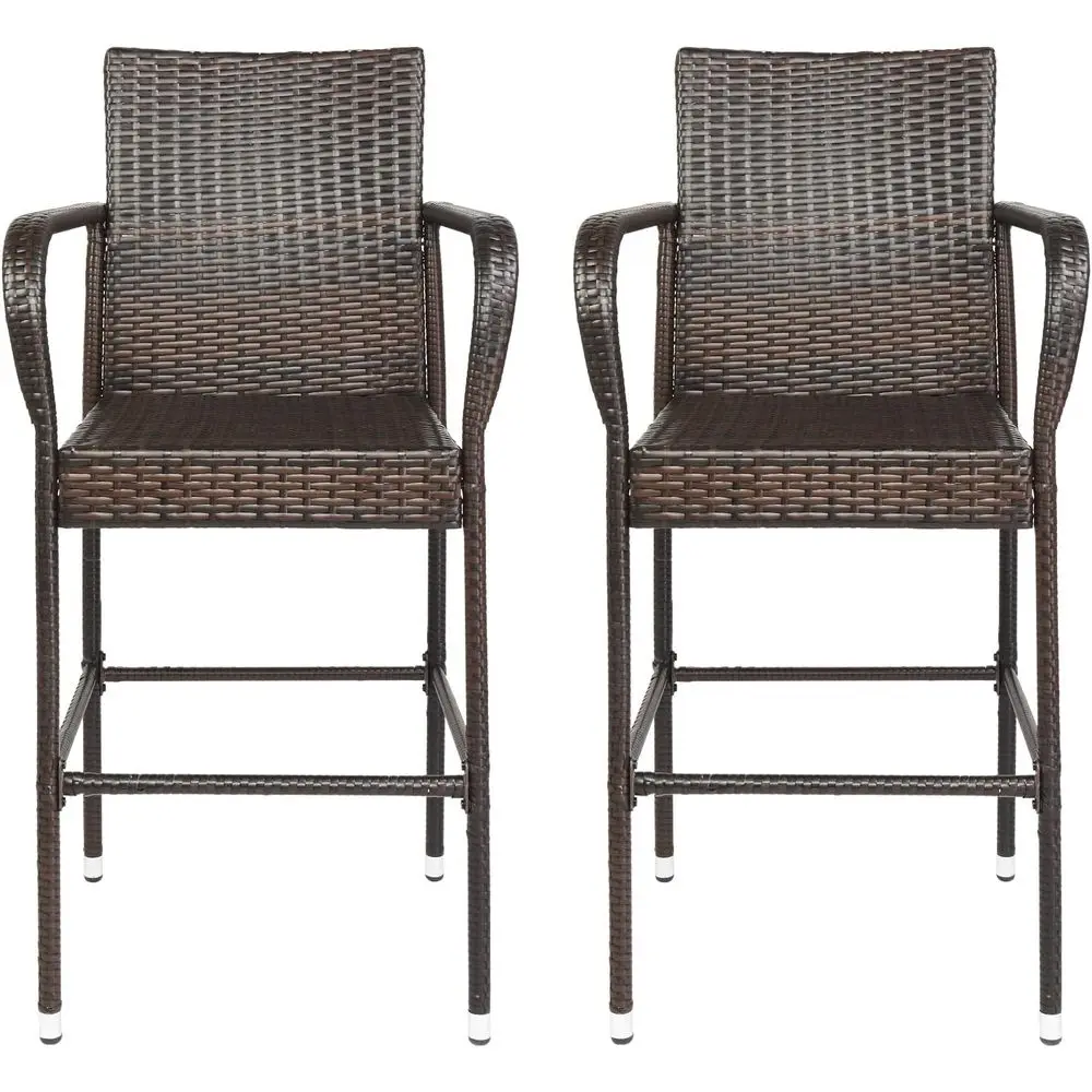 

2-Piece Rattan Bar Stool Set: Outdoor Patio Backyard Garden Pool Lawn Furniture with Footrest and Armrest
