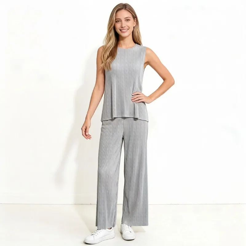 

Miyake Pleated Summer Casual Sports Style Women's Outdoor Simple Thin Style Comfortable Pleated Casual Pants Sleeveless Top Set