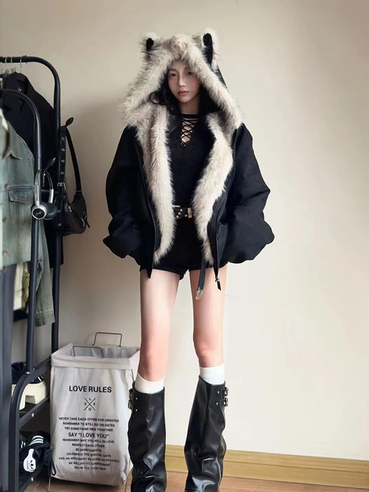 2025 Winter Korean Style Cat Ear Beige Furry Hooded Coat for Women Thickened and Lined Black Loose Casual Jacket