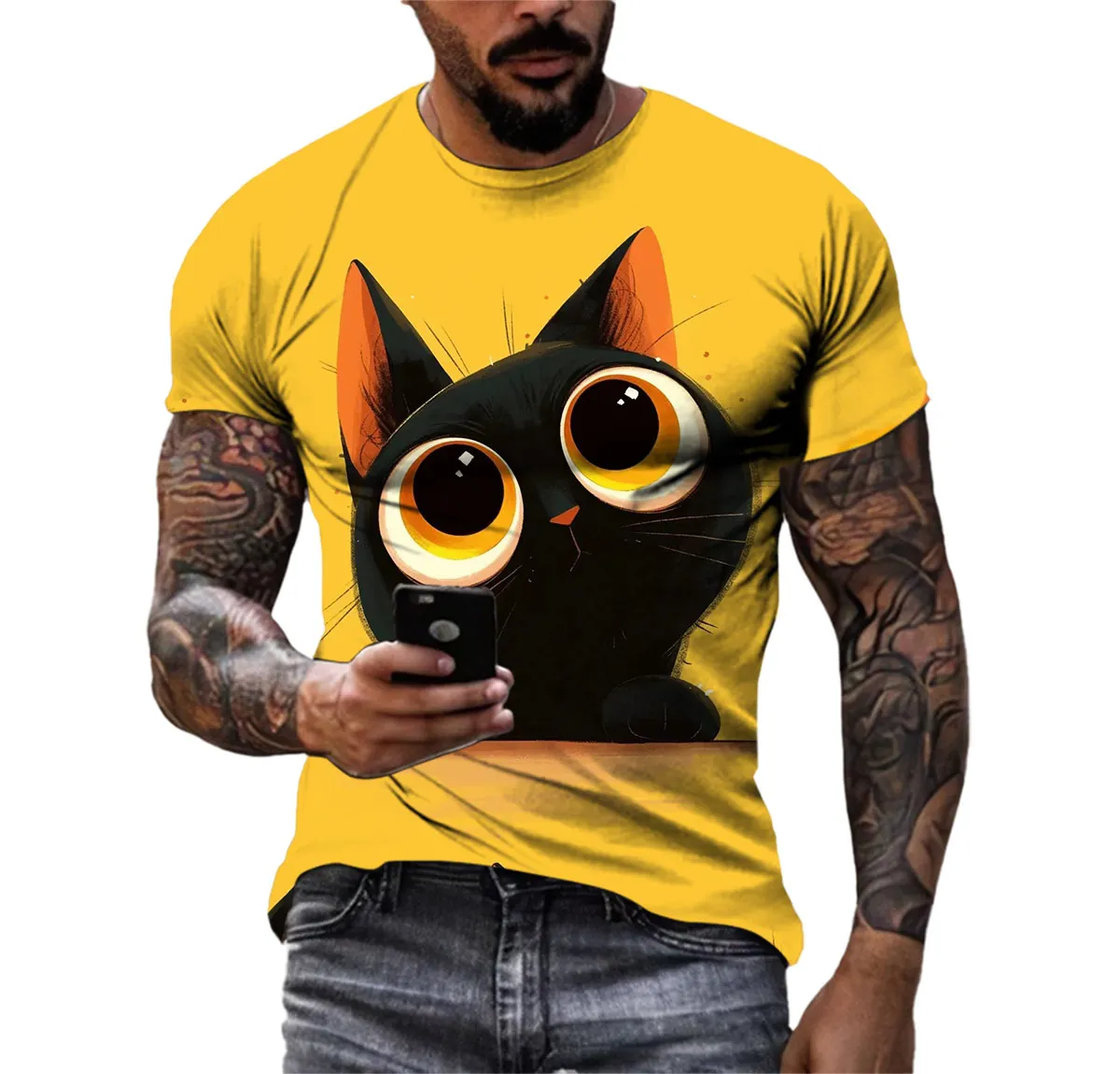 Summer Fashion Casual Cartoon Cat Graphic T-shirt For Men New Funny Anime Pattern 3D Digital Printing Round Neck Harajuku Tees