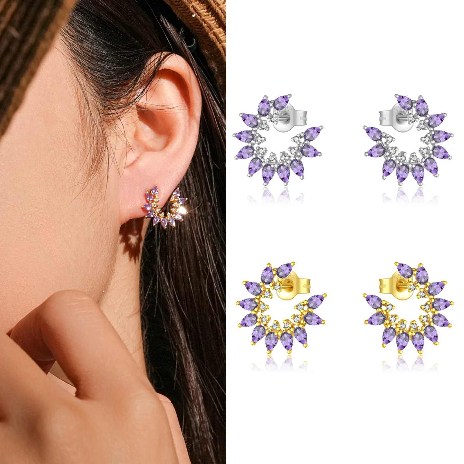 

ANDYWEN 925 Silver Floral Hoop Earrings, Purple Teardrop 5A Zirconia Jewelry, Romantic Gift for Women, Dreamy Everyday Wear