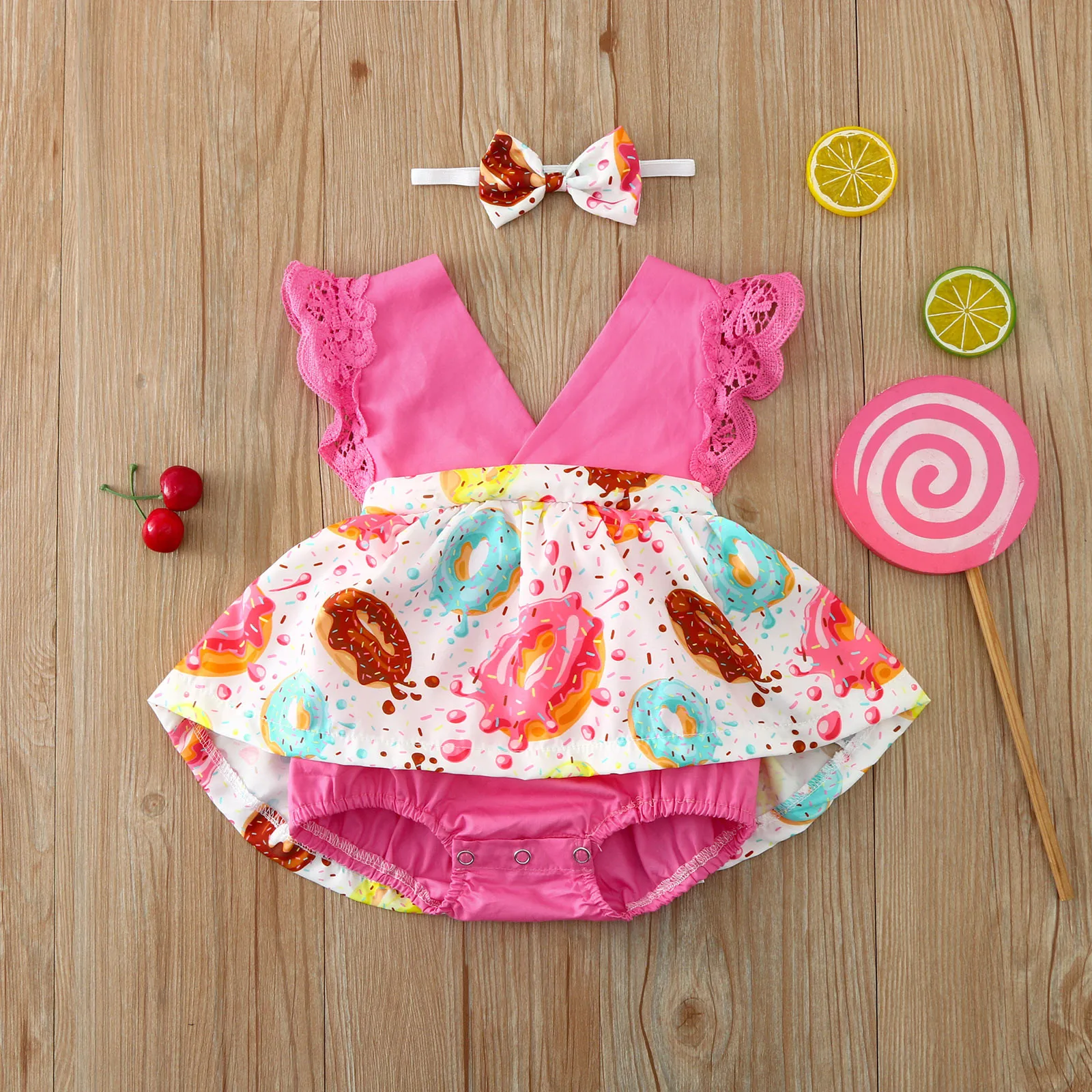 

0-24M Baby Girls Clothes Set Newborn Infant Baby Girls Sleeveless Lace Donut Dress Romper Headbands Princess Summer Girls Set