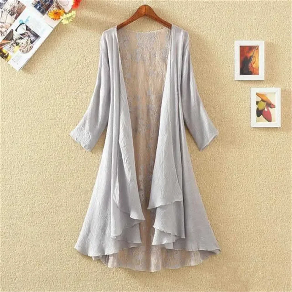 Women Chiffon Tunic Kimono Cardigan Lace Long Shirt Ruffles Hollow Out Loose Ladies Cardigans Spring Summer Shirts Female V1557