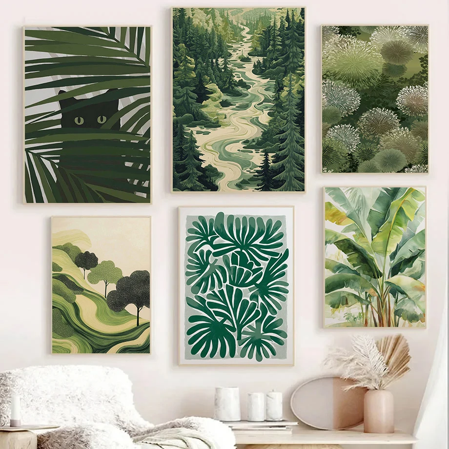 Nordic Minimalist Green Plant Art Abstract Landscape Poster Prints Canvas Painting Wall Art Picture Living Room Cafe Home Decor