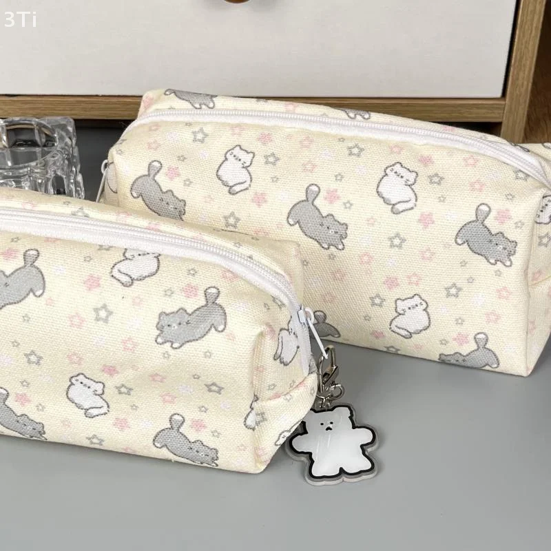 Simple Cute Cartoon Cat Pattern Pencil Case Portable Stationery Organizer Pouch Kawaii Girls School Supplies Makeup Storage Bag