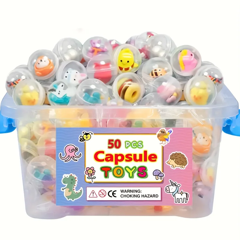 50 Pcs Mini Capsule Assortment - Mixed Plastic Novelty Gag Toys for Kids, Perfect for Gumball Machine, Party Favors,